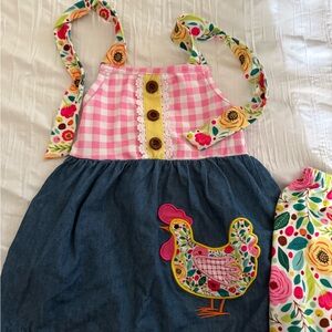 Pink and Blue Dress with Floral Chicken Appliqué